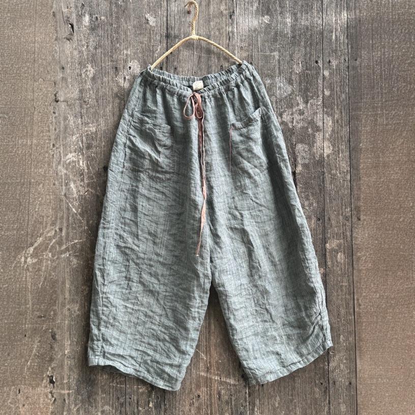 Johnature Women Vintage Striped Wide Leg Pants Patchwork Pockets Elastic Waist Trousers Autumn Loose Belt Pants