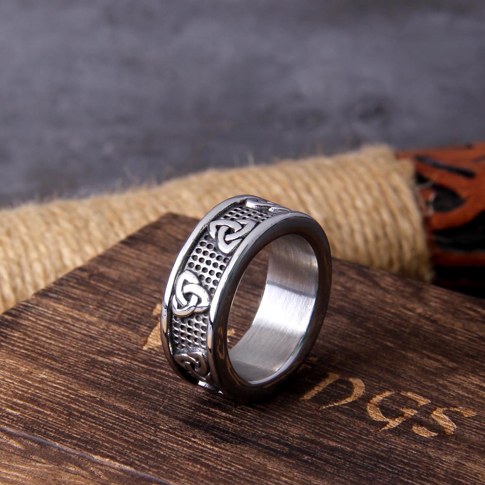 Viking Stainless Steel Celtics Knot Ring for Men Women Nordic Trinity Wedding Band Promise Jewelry with Wooden Gift Box