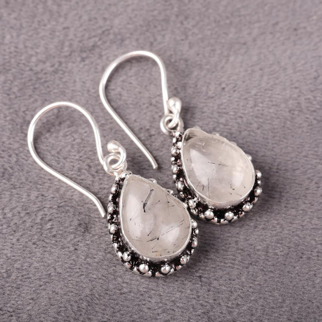 Natural Black Rutile Gemstone 925 Sterling Silver Jewelry Earrings 1.41" For Her EE-97-29