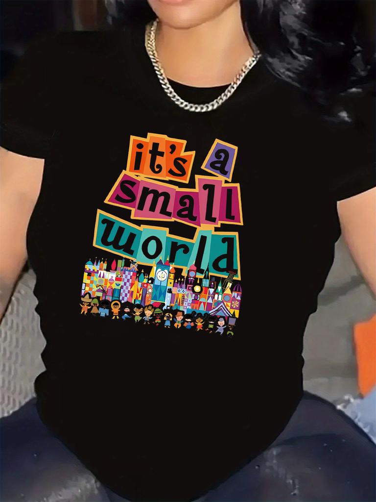 European size Easy Care| Women'S Colorful "It'S a Small World" Pattern Printed T-shirt-Casual Crew Neck, Short Sleeve Top