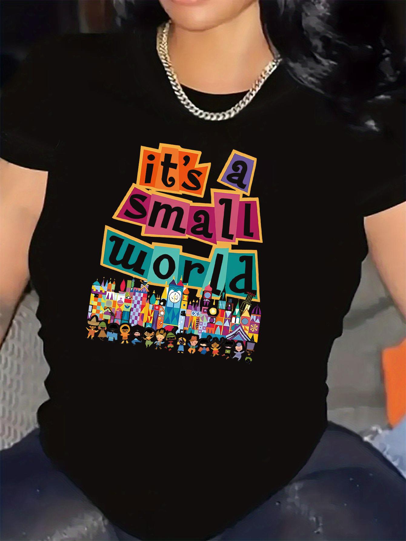 

European size Easy Care| Women S Colorful It S a Small World Pattern Printed T-shirt-Casual Crew Neck, Short Sleeve Top 4XL чорний