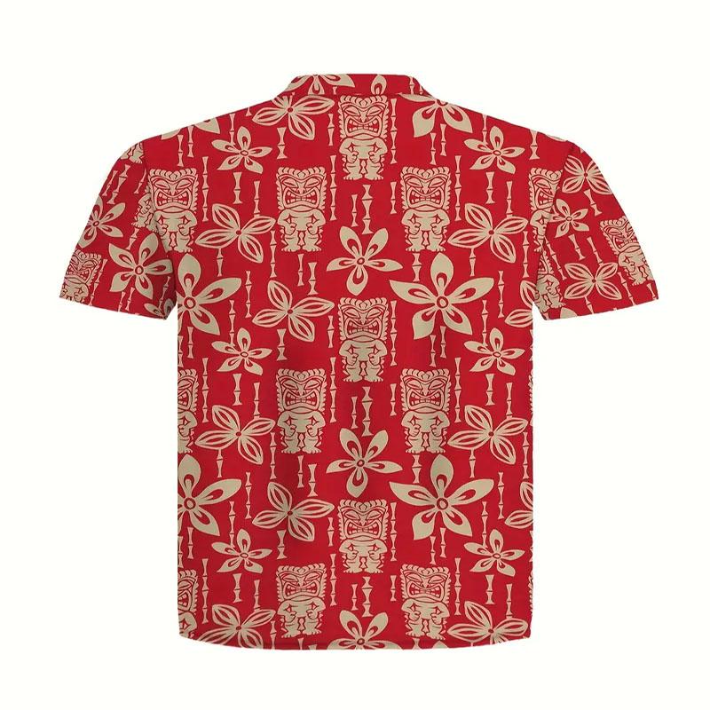 Red Fashion Digital Print Men's Hawaiian Vacation Style Short Sleeved Shirt for Summer Quick Drying Outdoor Activities