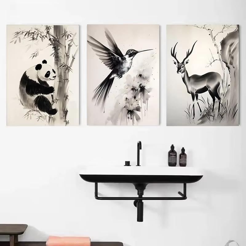 Chinesische Tuschezeichnung Retro Tiere Vintage Poster Tiger Panda Drache Nashorn Retro Leinwand Wandkunst Wohnzimmer Heimdekoration