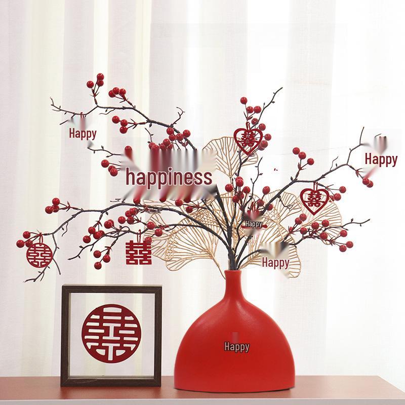 Red Berry Bonsai Scene Ornament for Wedding and Living Room Decor
