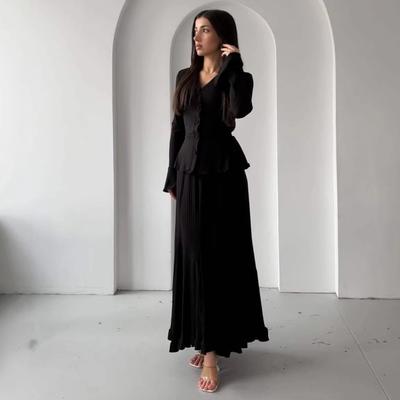 Cross-border European and American Women's Clothing Amazon V-neck Suit Long-sleeved Button Pit Strip Straight Skirt Temperament Set