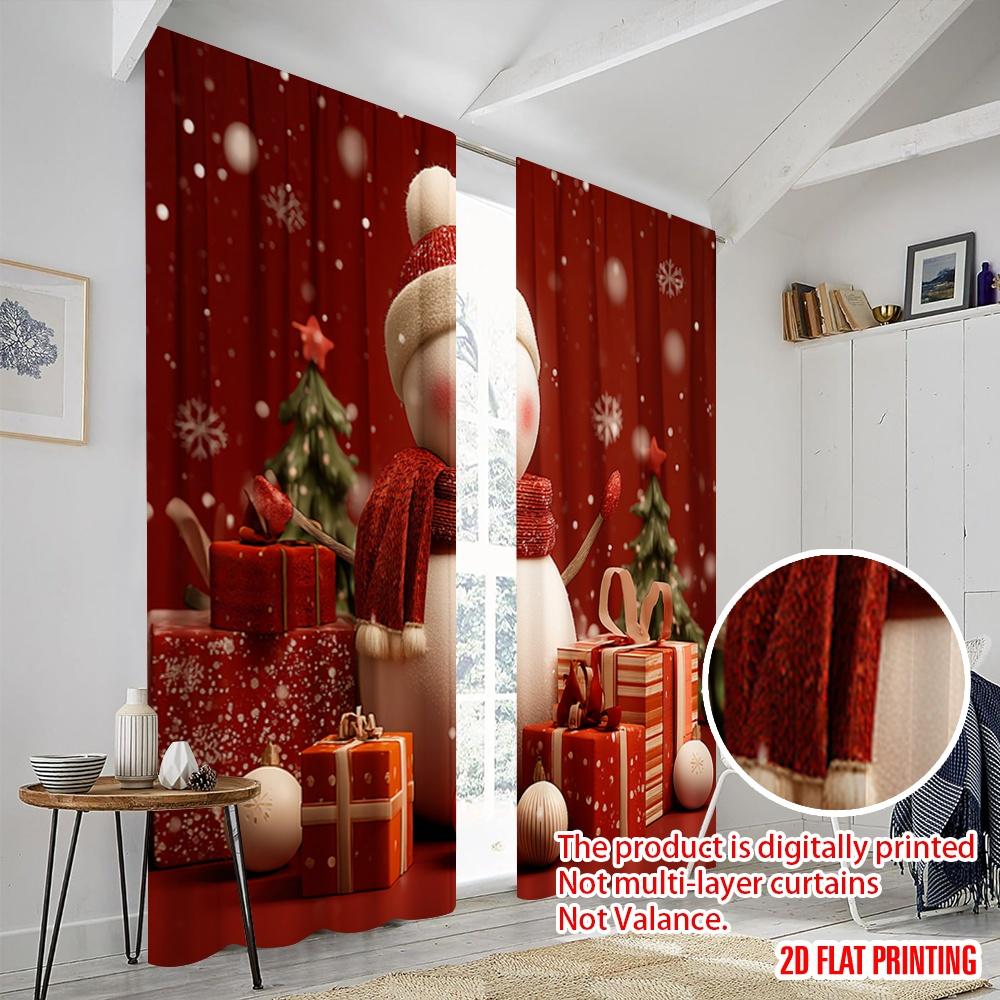 2pcs,2D Plane Printing Curtains Digital Printed Snowman Cartoon Snowflake Gift Versatile Polyester Fabric (without Rod)