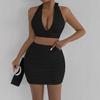 2024 Women's Halter Tie-up Two-Piece Bodycon Set: European and American Style Sexy Ruched V-neck Camisole Dress
