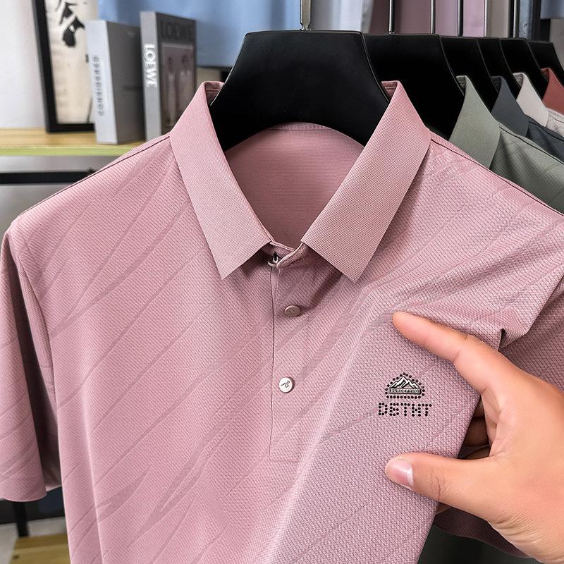 Pánské pulovrové tričko s klopou z ledového hedvábí s krátkým rukávem, trendy polokošile, ležérní top pro otce