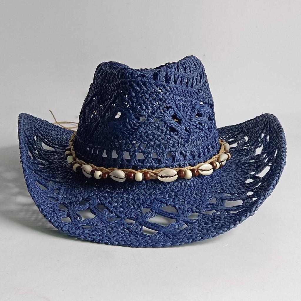 Bright Yellow Cowboy Straw Hats Beach Women Men Shell and Pearl Accessories Out Western Wide Brim Sun Hat Sombrero