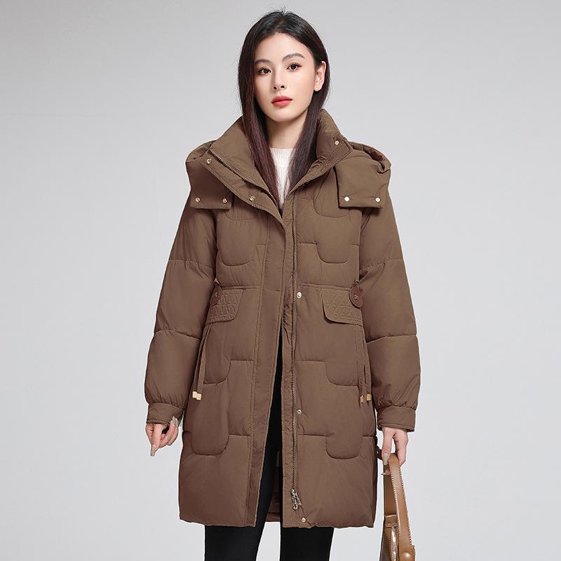 

2025 новый хлопковый костюм женский корейская версия свободная хлопковая куртка с капюшоном средней длины до колена утолщенная однотонная ленивая стеганая куртка XXL кофейный