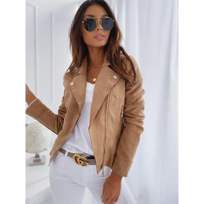 Women's Suede Moto Biker Jacket Zip Up Lapel Long Sleeve Slim Fit Casual Outerwear