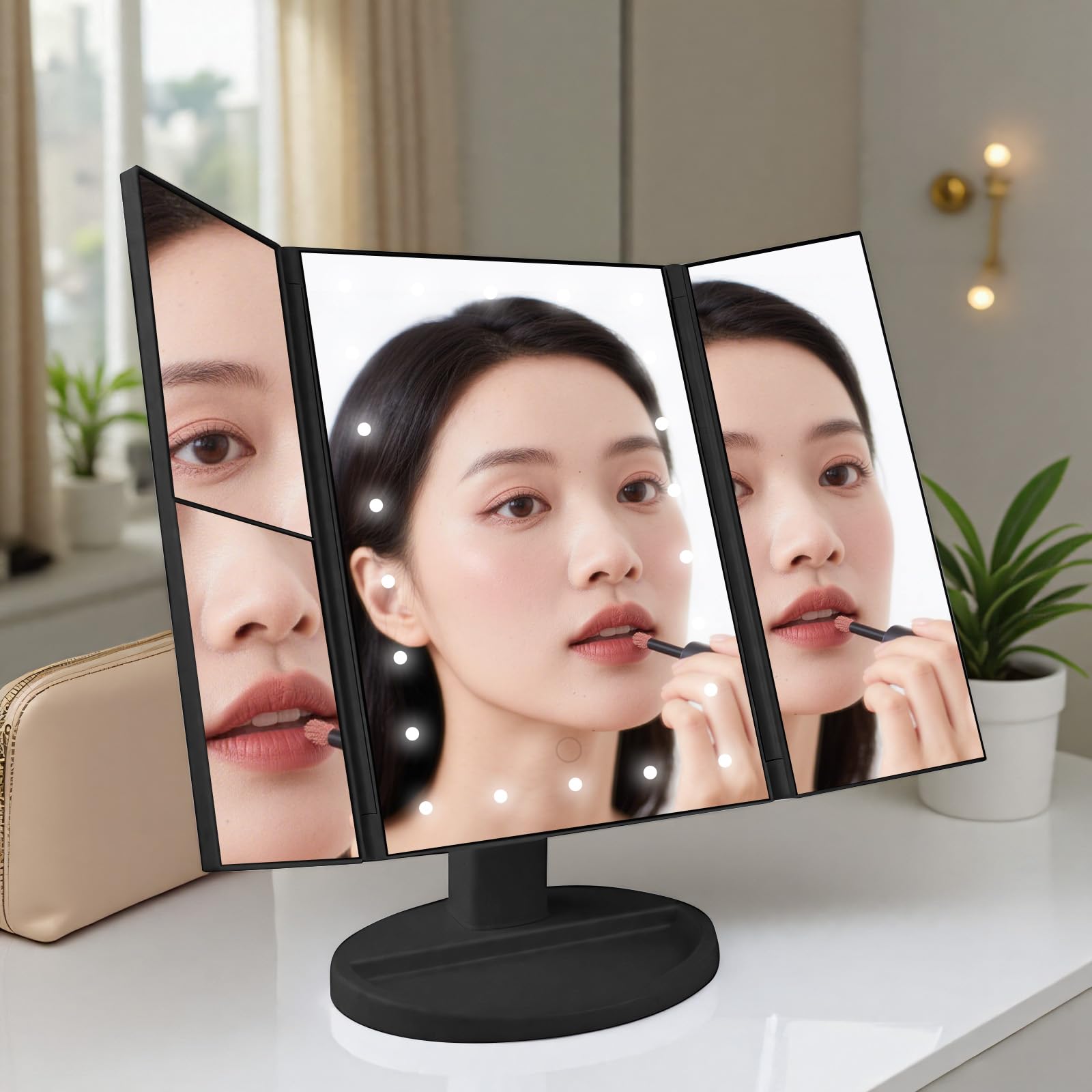 

Vixplorn Зеркало настольное для актрисы со светодиодной плавной регулировкой яркости, увеличительное для макияжа, простое питание, зеркало, зеркало, трехстороннее освещение, сенсорное управление, чёрный