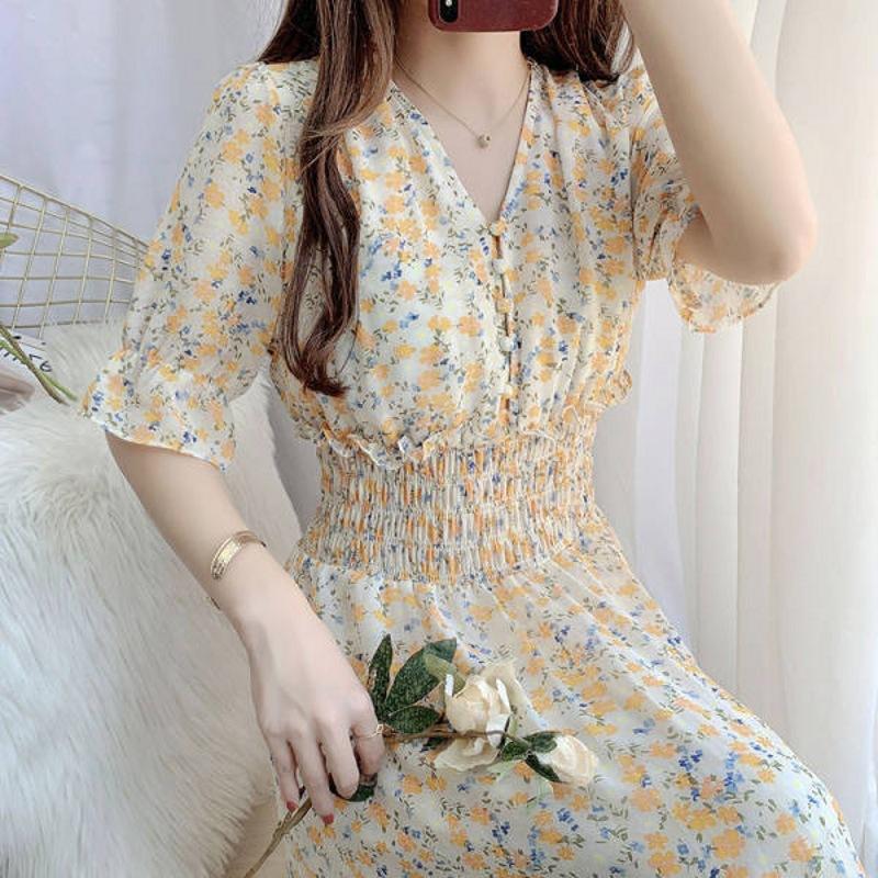 Chiffon floral dress summer dress Korean version waist thin age reduction temperament V-neck fairy skirt short sleeve long skirt