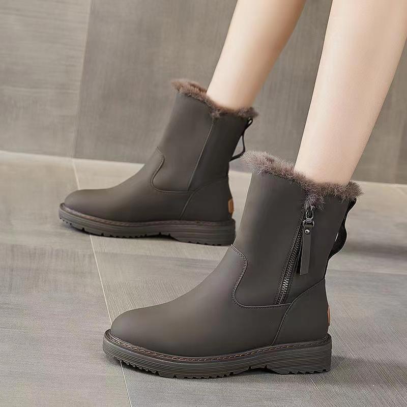 Fashion Waterproof Round Toe Winter Ladies Shoes Platform Zipper Leather Women's Snow Boots on Promotion Fashion 2025 Trend Work Booties