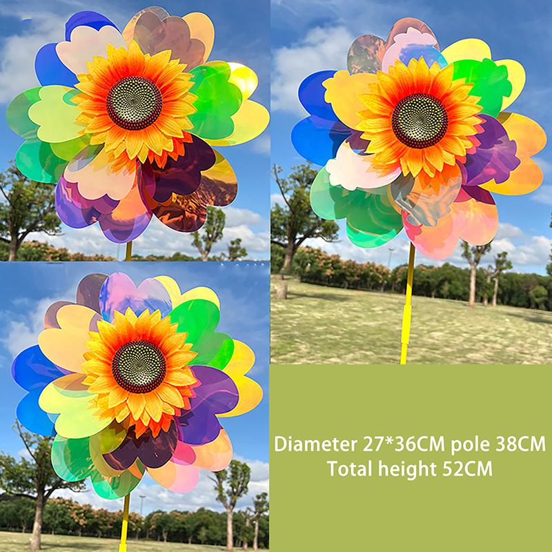 1 Set Outdoor Garden Decor Double Layered Sunflower Windmill Rotating Sunflower Wind Spinner Stake Standing Lawn Flower Pinwheel