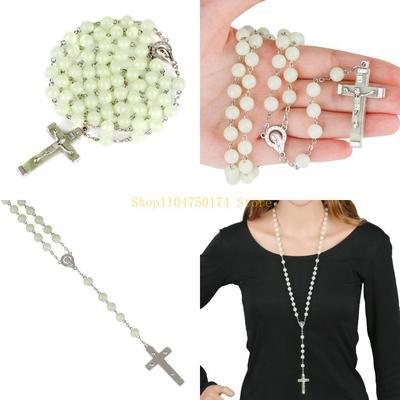 8mm Glow Rosary Necklace Jesus Christ for Cross Pendant Noctilucent Long Chain Catholicism Religious Top Sale