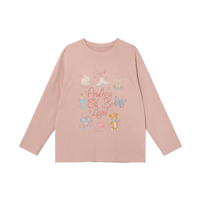 Women s V Neck Long Sleeve Oversized Cute Cartoon Floral Print Washed Cotton Casual Tee Basic Top XS