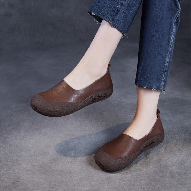Johnature Retro Genuine Leather Shallow Flats Cowhide Comfortable Soft Soled Women's Slip-on Shoes