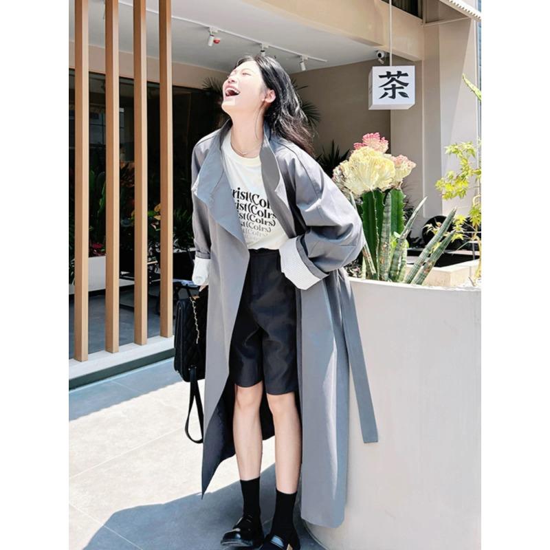 Gray One-button Windbreaker Jacket for Women Spring and Autumn New Style Loose and Versatile Coat