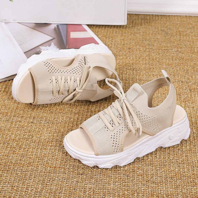 Spring and Summer New Wedge Heel Sandals Women's Flying Woven Breathable Mesh Hollow Muffin Fish Mouth Sandals