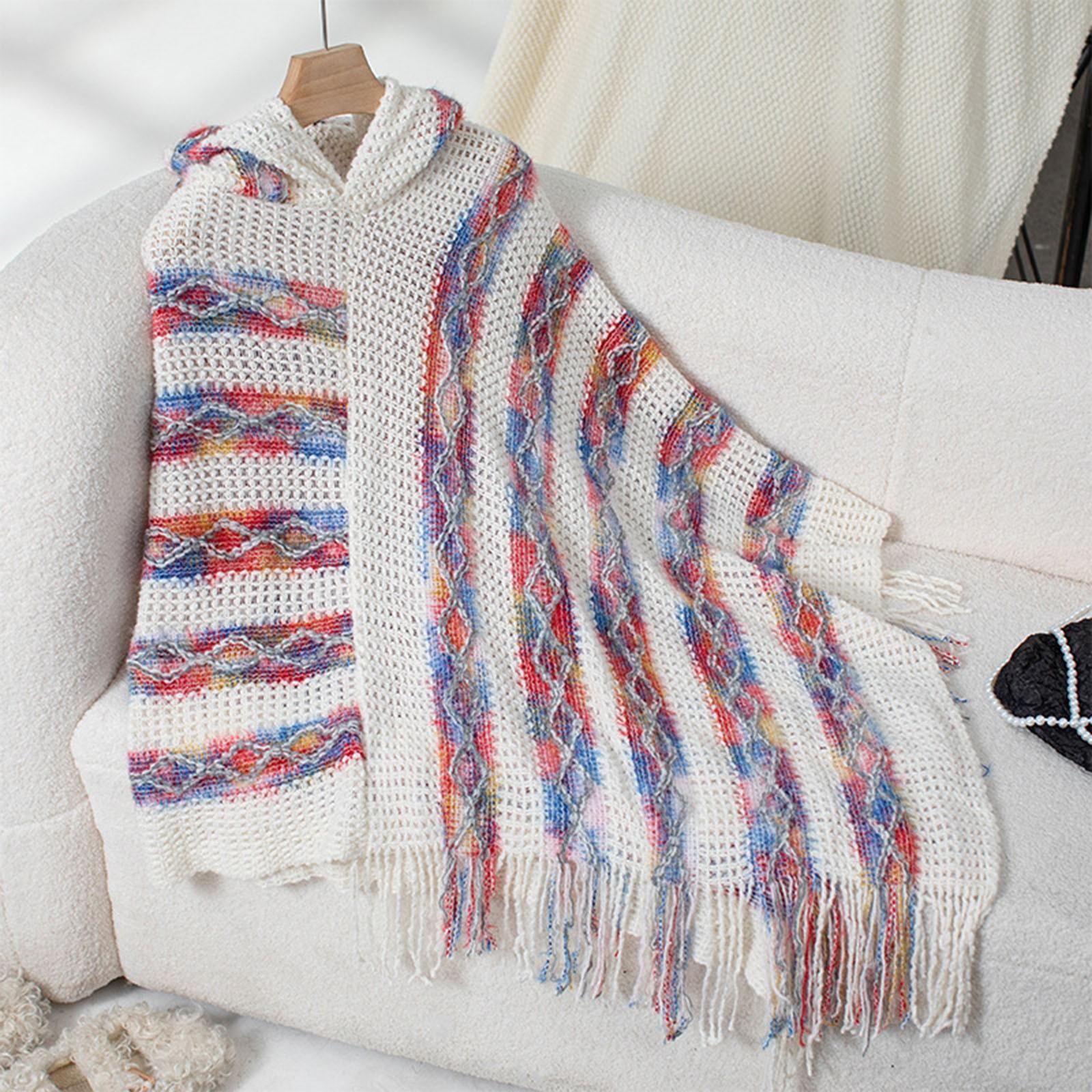 

Женская мода красочный полосатый капюшон вязаный бахрома накидка шаль женский свободный пуловер свитер One Size белый