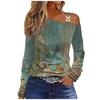 Women's Fashion Casual Printed Skew Collar Lace Stitching Off-Shoulder Long Sleeve T-Shirt Top