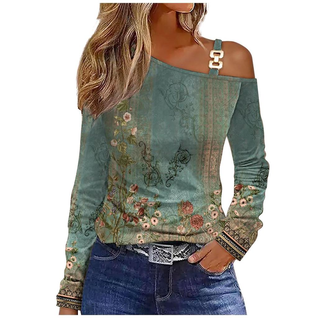 Women's Fashion Casual Printed Skew Collar Lace Stitching Off-Shoulder Long Sleeve T-Shirt Top