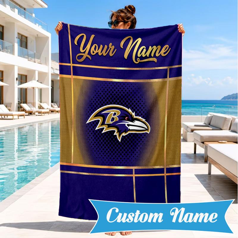 Custom Name Football Ravens Logo Personalized Microfiber Beach Towel, Quick-Dry, Ideal for Summer Travel, Beach Essential, Swimming