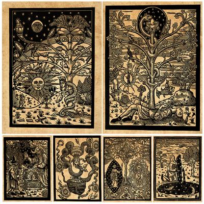 Tree of Life and Creation Mythology Retro Wall Art Oil Painting Mysterious Alchemist Poster