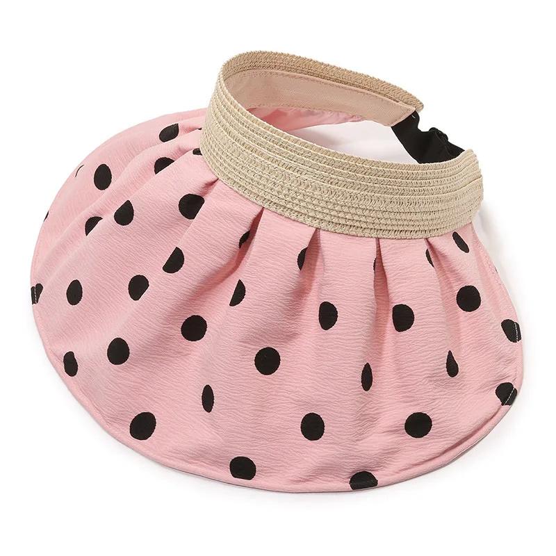 Summer Breathable Empty Top Hats For Women Vintage Polka Dots Adjustable Wide Brim Sun Hat Girls Outdoor Portable Foldable Caps