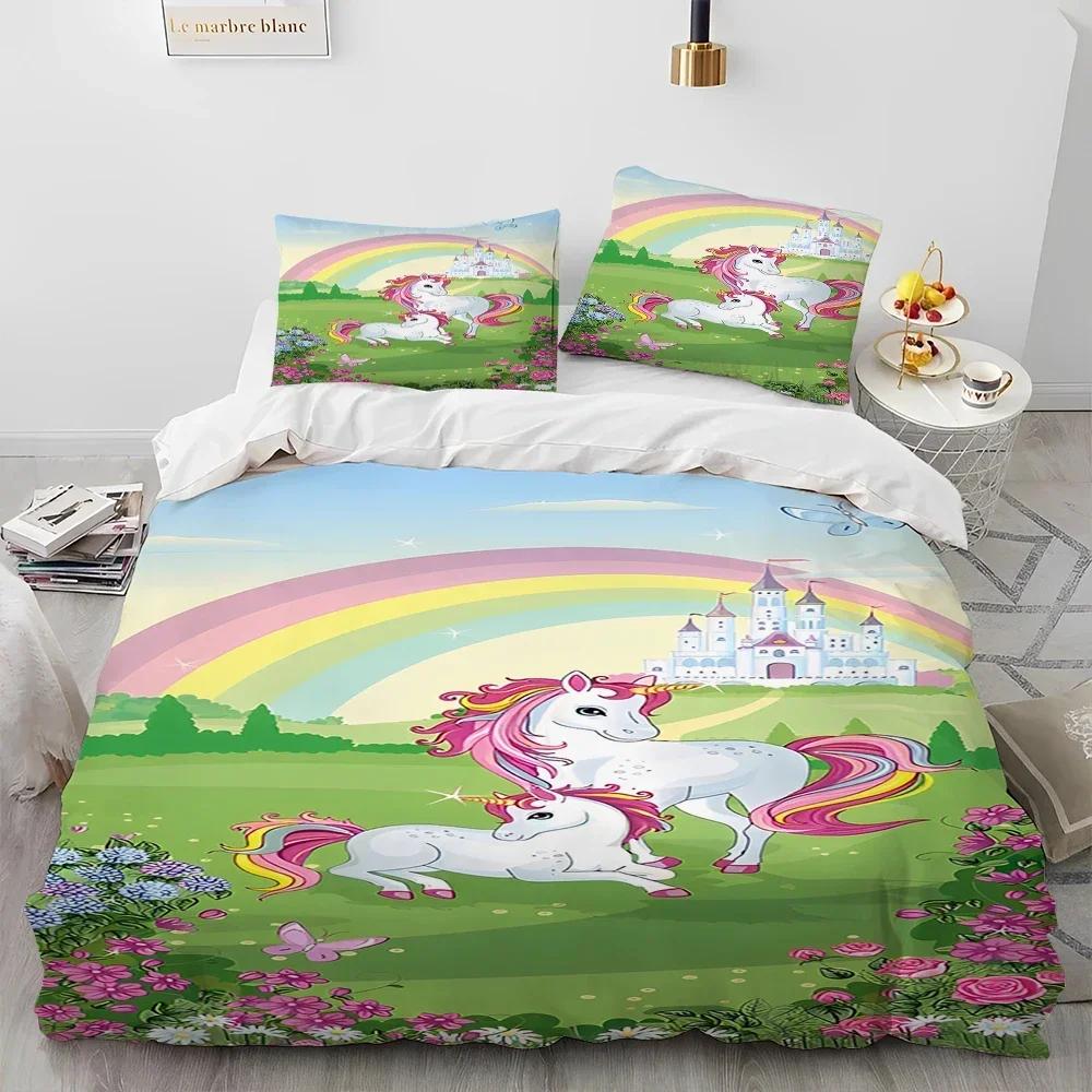 Luxury New 3D Print Unicorn Cute Cartoon Comforter Bedding Set,Duvet Cover Bed Set Quilt Cover Pillowcase,Queen Bedding Set