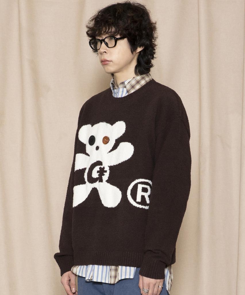 GLACK Gnt073 Button Bear Boucle Pullover Knit (Brown)