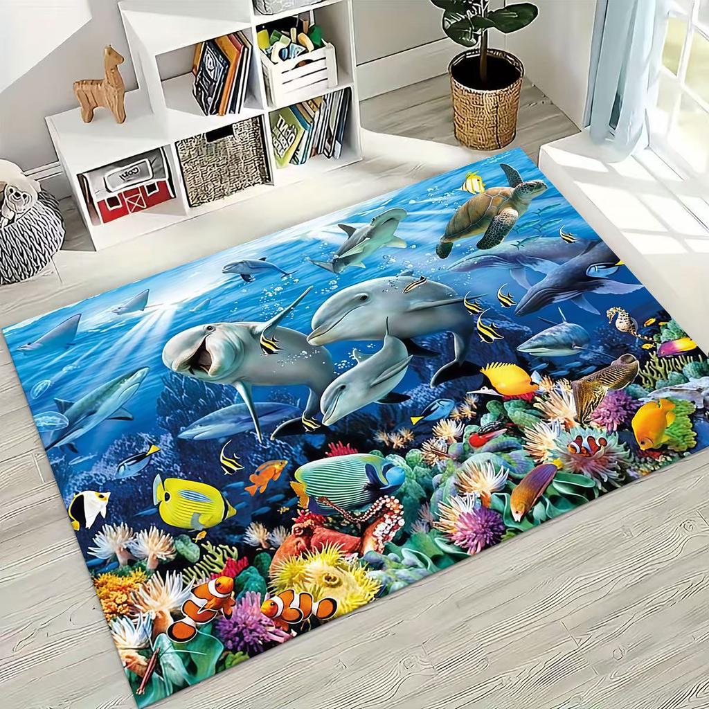 2026 New Underwater World Sea Dolphin Turtle Coral Rug for Bedroom Living Room Sofa Home Doormat Decor,Kids Non-slip Floor Mat