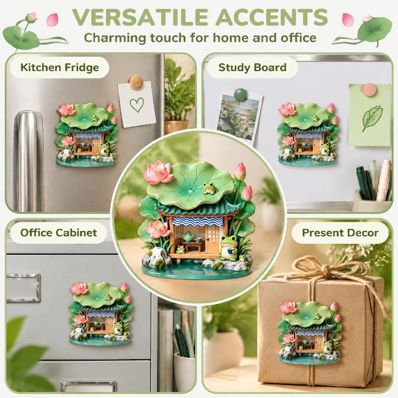 Cute Frog Tea House Fridge Magnet 3D Resin Refrigerator Sticker Lovely Lotus Embossed Decor Magnet For Kitchen Home Decoration