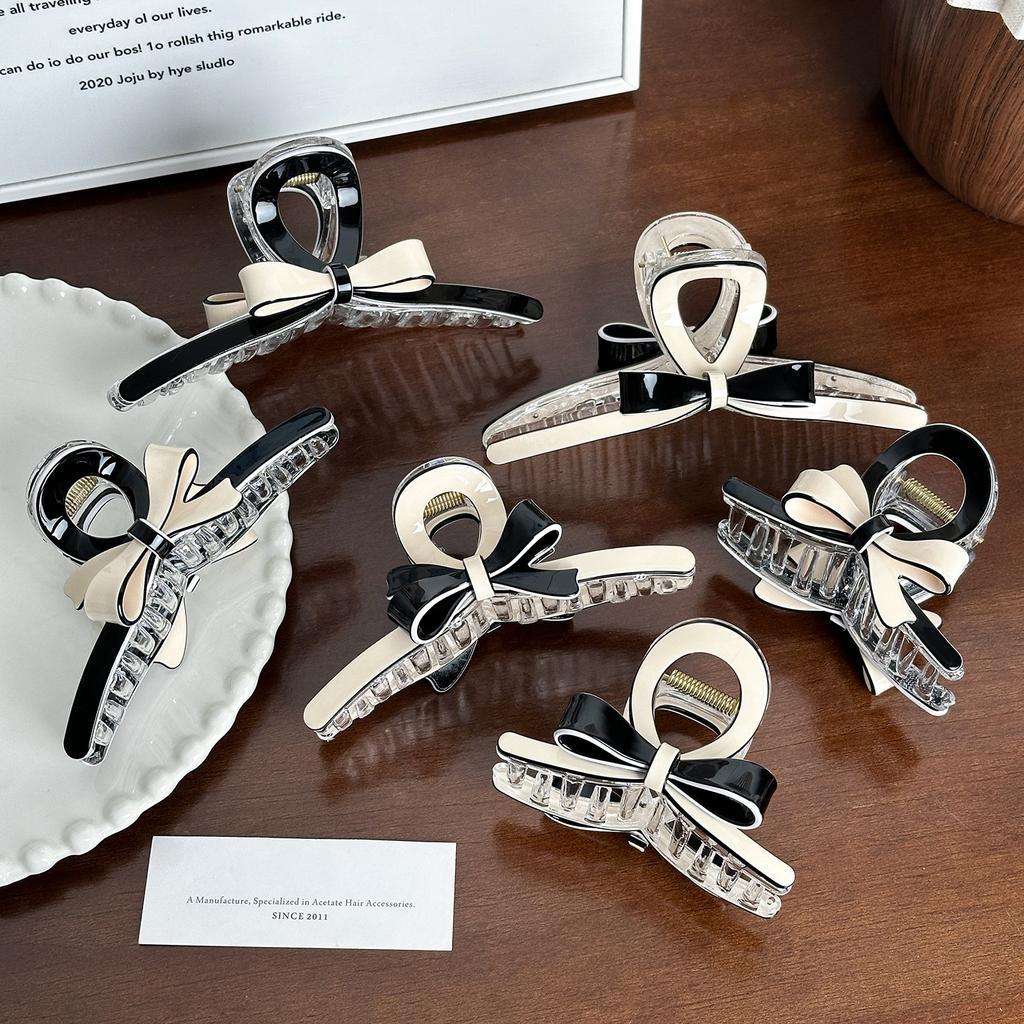 New Creative Design Geometric Black And White Color Bowknot Hollow Hair Clip Retro Acetate High Ponytail Shark Clip