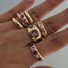 Gold Color Rhinestones Adjustable Opening Rings Inlaid Green Pink Stones Ring For Women 6 Piece Jewelry Gift Collection