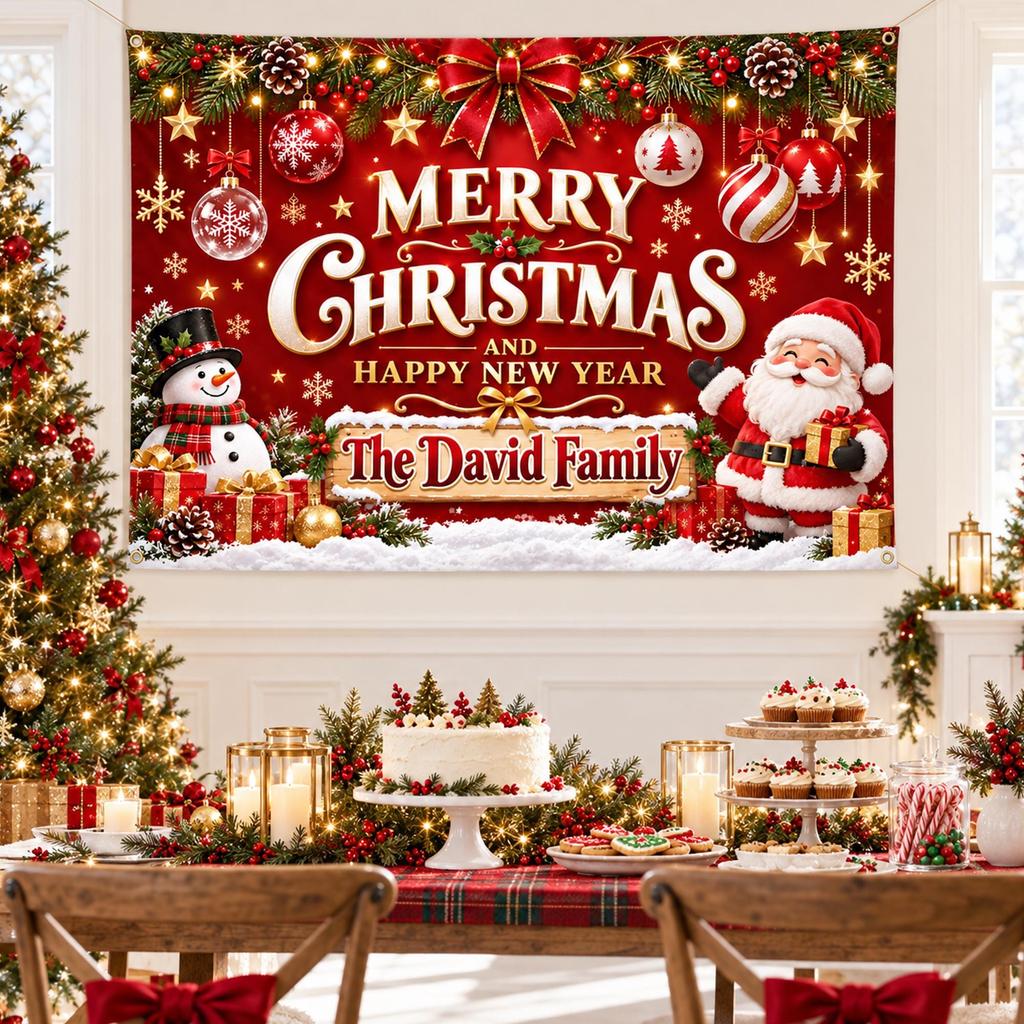 Personalized Christmas Backdrop Banner Merry Christmas Happy New Year Family Wall Hanging Custom Holiday Party Photo Backdrop