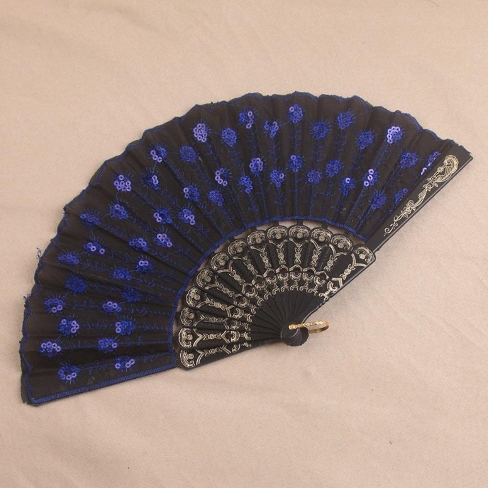Sequin Embroidery Chinese Folding Fan Peacock Pattern Handheld Fan Plastic Fan Home Decor