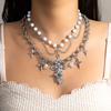 2-teilige Mode Retro Spitze Kreuz Anhänger Halskette Doppellagig Stern Fransen Perle Damen Choker Halskette