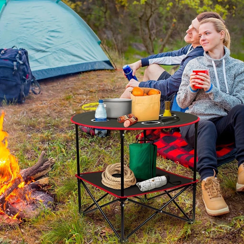 Folding Camping Table, Outdoor Beach Picnic Table with 4 Cup Holders & Carrying Bag, for Bonfire Party & Tailgate Activities