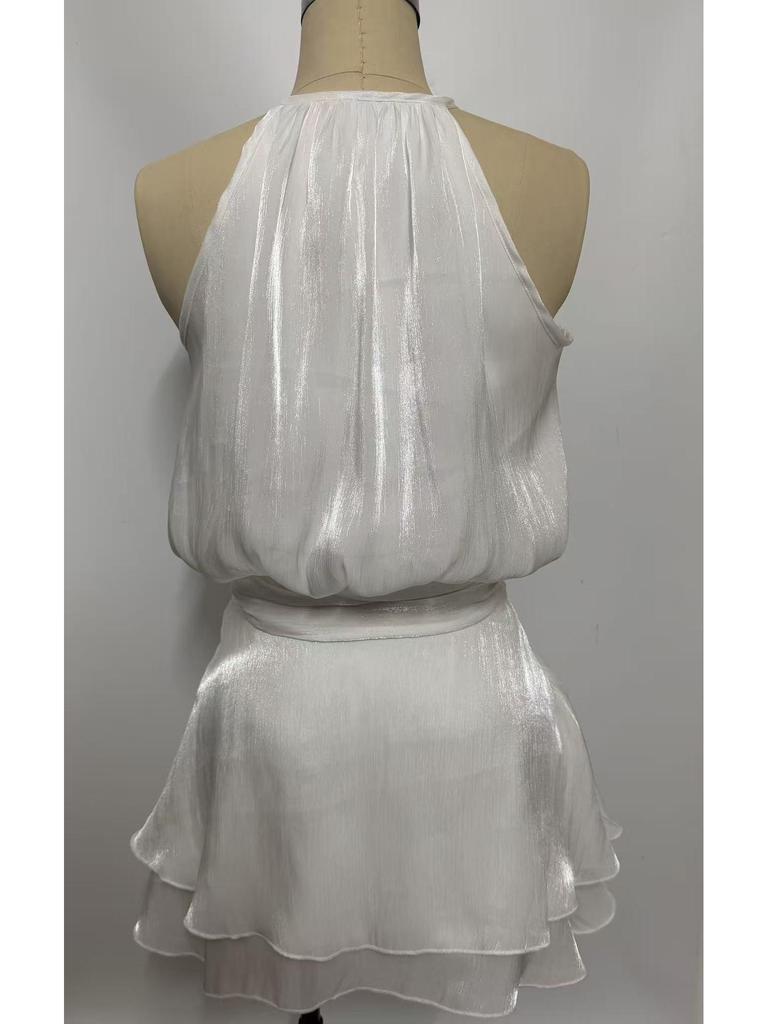 Sexy Lurex Tie-Up Halter Mini Dress - Solid Color, Sleeveless, Round Neck, Spring/Summer Style