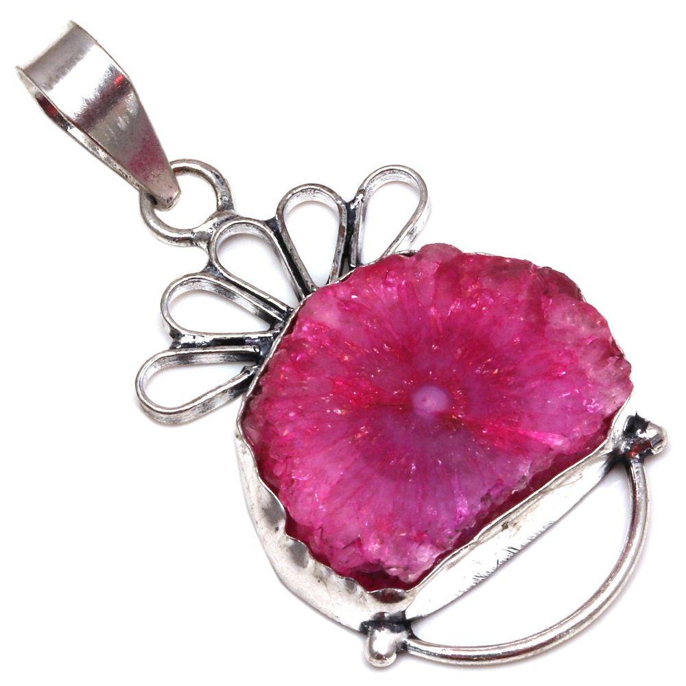 

Pendant Pink Solar Drusy Gemstone Gift For Her Silver Jewelry 2