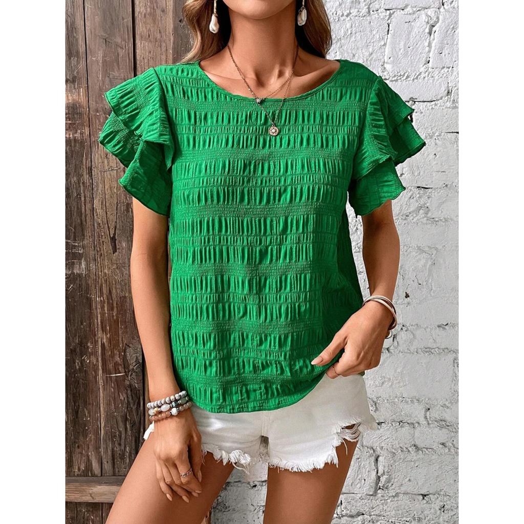 IHUASU Women's Summer Double Layer Lotus Sleeve Round Neck Style Pullover T-shirt Women