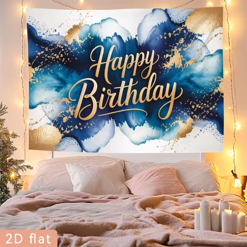 2D Blue Gold Ink Wash Happy Birthday Backdrop Banner Photography Background for Men Party