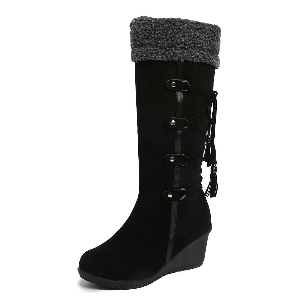 Damenmode Mid-Calf-Stiefel Übergröße Neu Keil Schnürer Isolierter Absatz Gerade Schneestiefel Pendeln Bequeme Trendstiefel