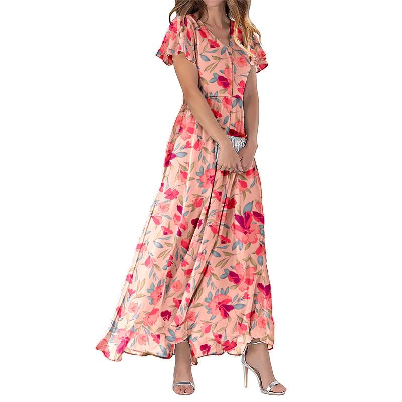 Summer long dress V-neck short-sleeved printed chiffon dress elegant temperament