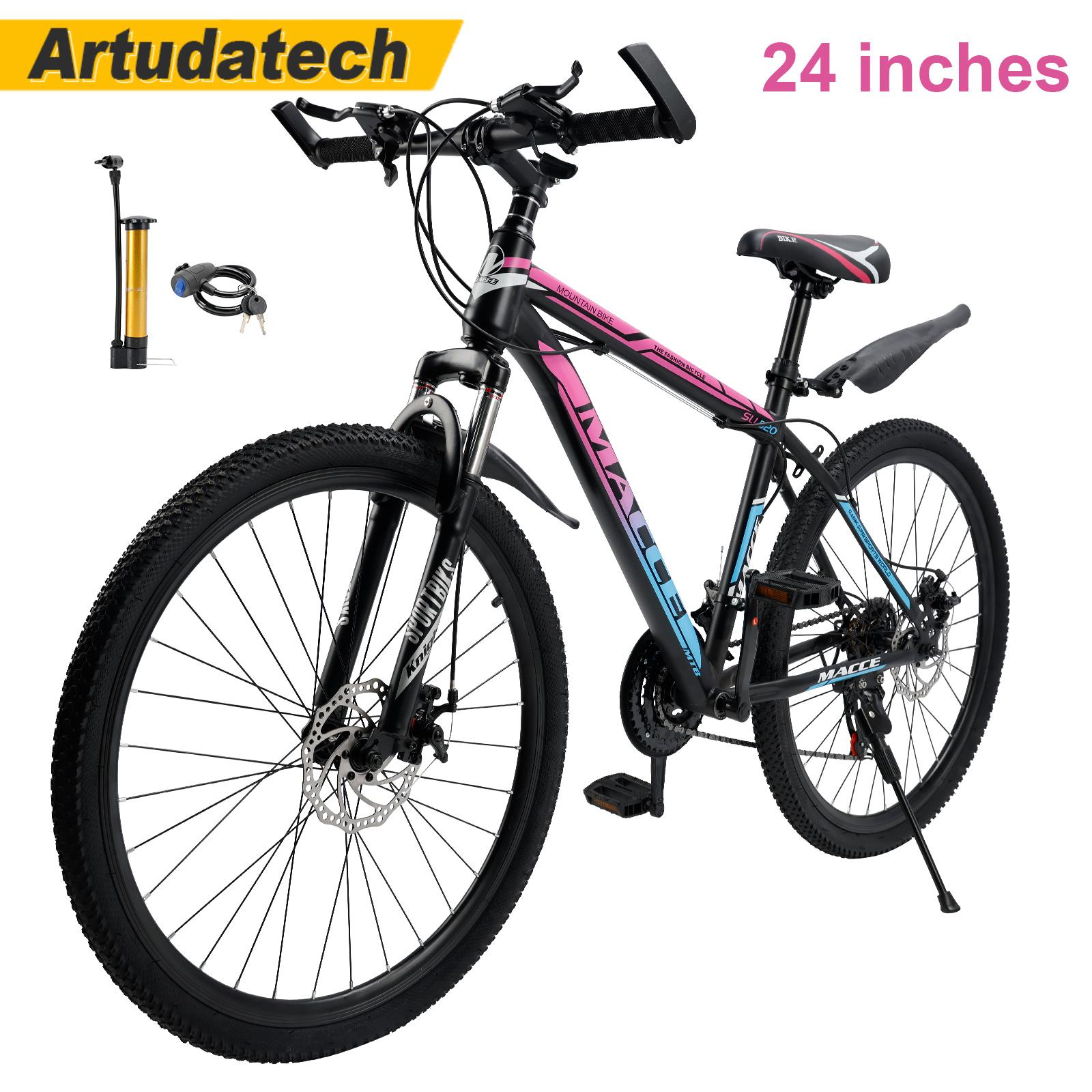 Bicicleta de montaña para adultos de 24  con ruedas de radios y 24 velocidades, con guardabarros, color azul y rosa