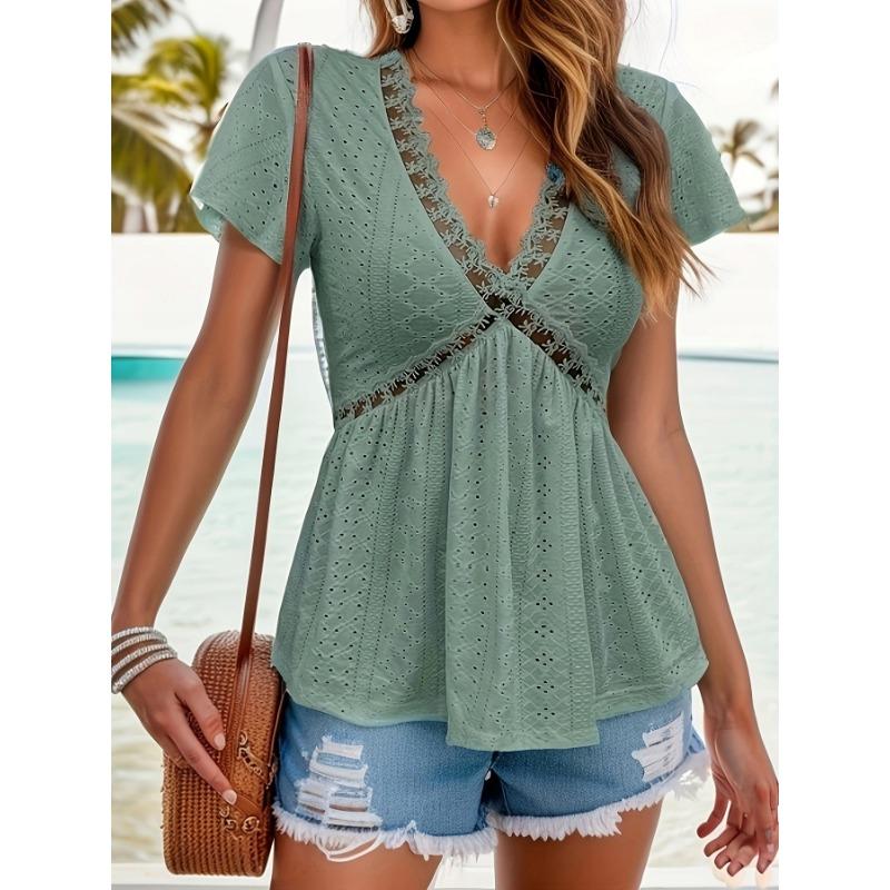 

Женская летняя новая футболка с короткими рукавами из жаккарда, топы из кружева с V-образным вырезом L зелёный/серый