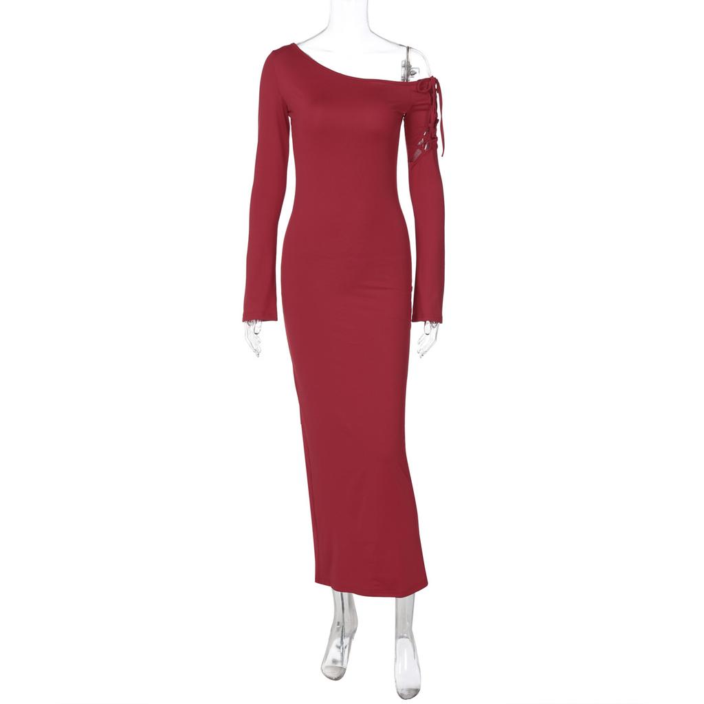 European American Style Solid Color Off Shoulder Slim Bodycon Long Sleeve Maxi Dress