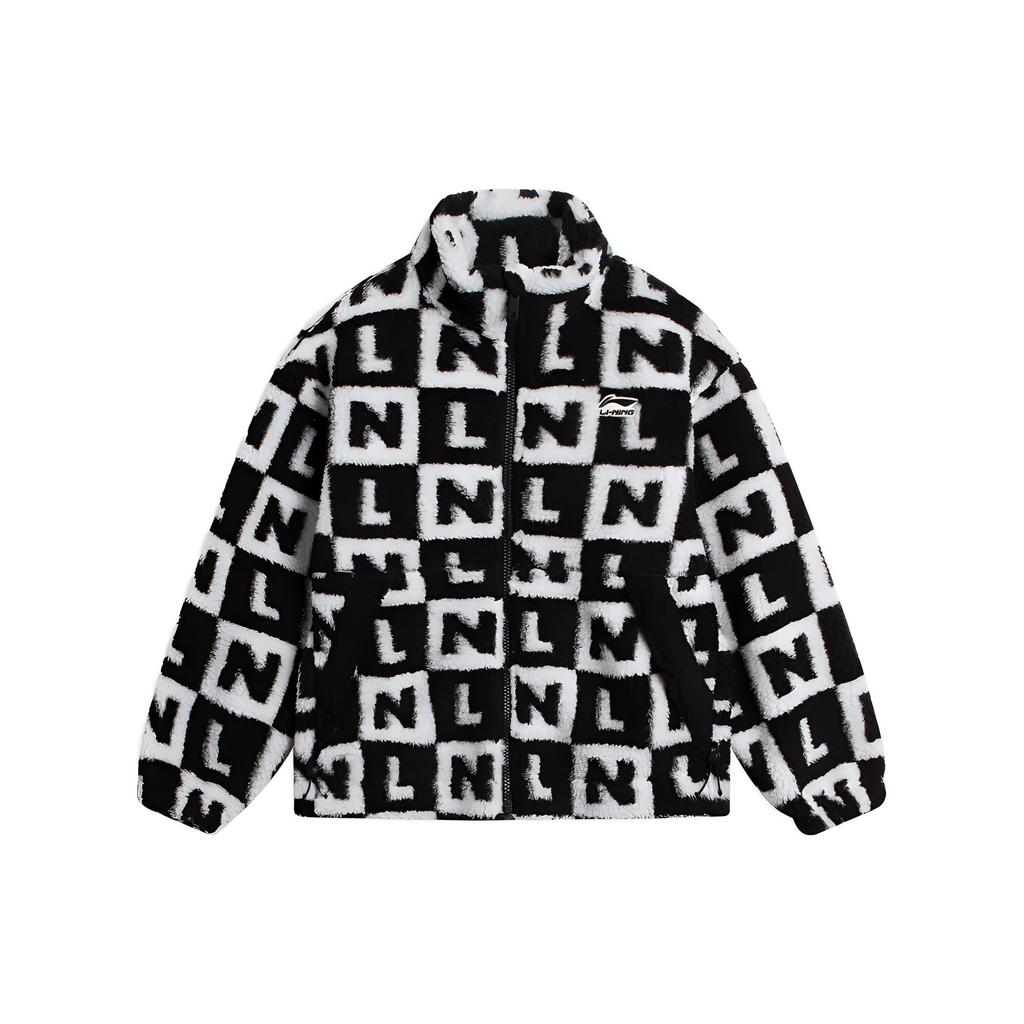 Li Ning Sports Lifestyle Series Logo All Over Print Letter Zipper Stand Collar Loose Long Sleeve Jacket Men Jacket Black Pearl-White AFDSC01-2